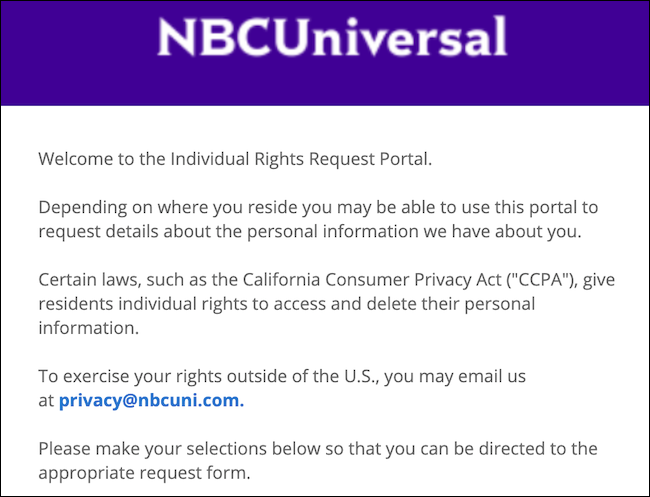 NBCUniversal individual rights request portal