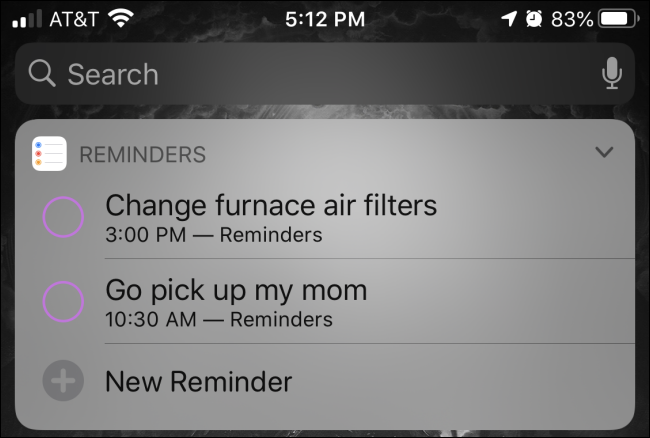 Reminders Widget in Today View on Apple iPhone