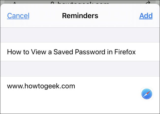 Using Share button in Safari to add Reminder on iPhone