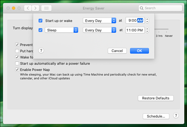 Automatic startup and shutdown settings window in macOS Preferences on Mac