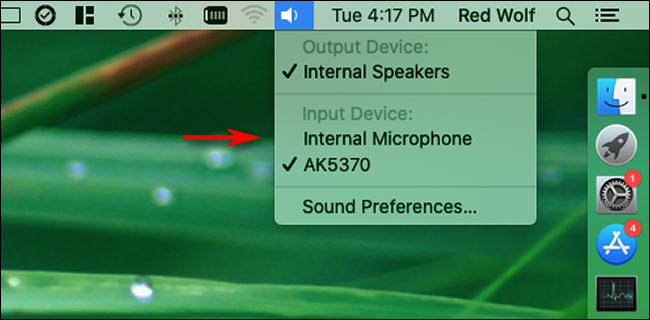 Hold Option and click the speaker icon in the menu bar to select audio input on Mac.