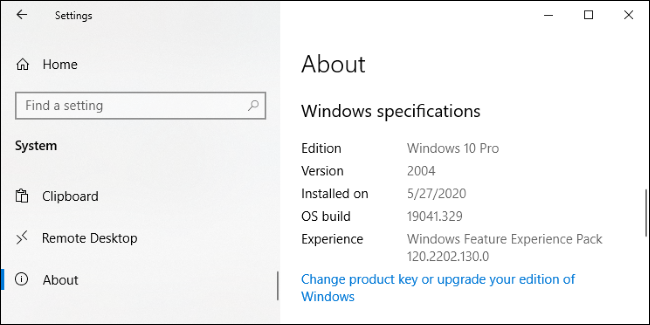 Windows 10's Settings &gt; System &gt; About screen.