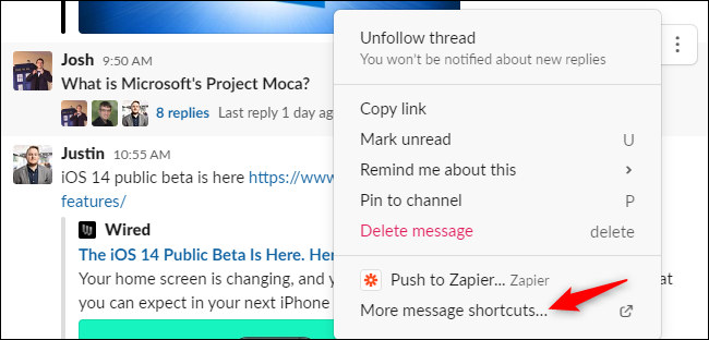 The &quot;More message shortcuts&quot; option in Slack's message context menu.