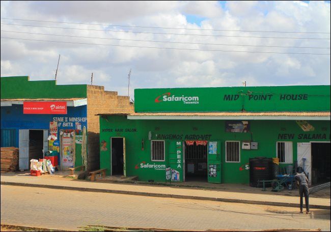 A Safaricom shop with an M-Pesa sign in Kenya.