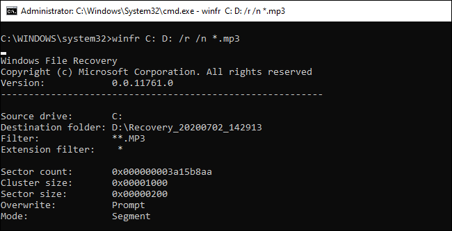 Running winfr in Segment mode in Command Prompt.