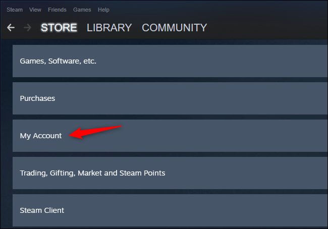 Accessing Steam account settings on Windows.