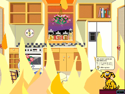 An animated gift of a kitchen desktop on fire in Microsoft Bob.