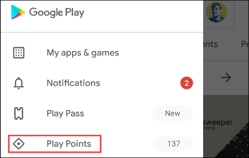 google play points from the menu
