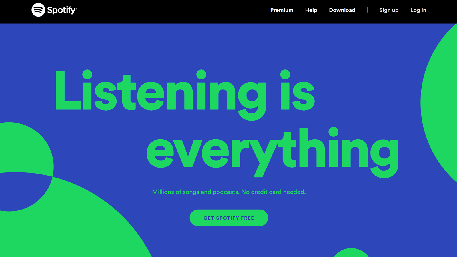 Spotify website with green and blue text and designs saying &quot;listening is everything&quot;