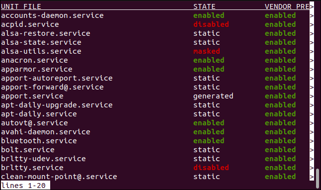 List of systemd unit files in a terminal window