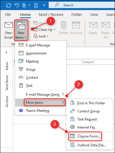To open a template in Outlook, you have to click &quot;Home,&quot; select &quot;New Items,&quot; click &quot;More Items,&quot; and then click &quot;Choose Form.&quot;.