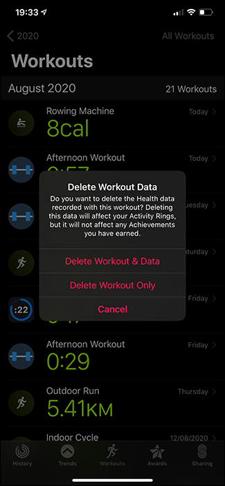 deleting workout apple activities app