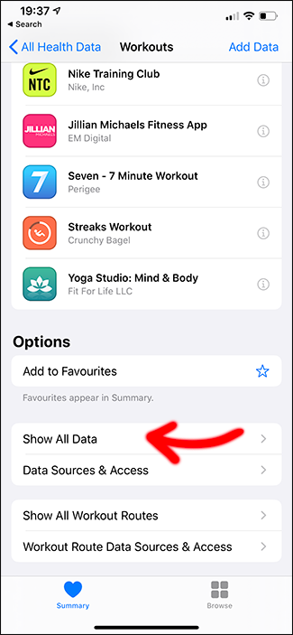 apple health app workouts tab