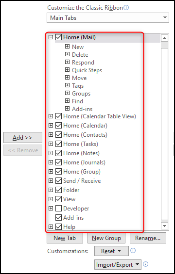 The list of groups currently visible on the Outlook ribbon.