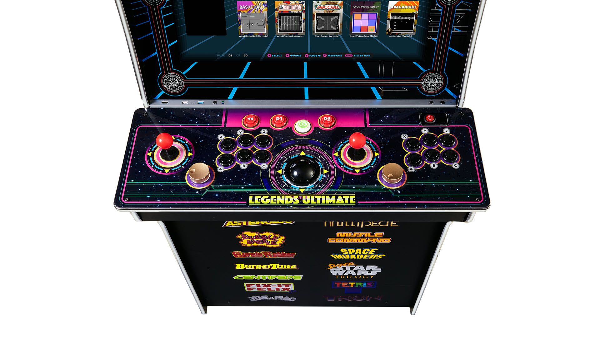 A closeup of the Legends Ultimate control deck, showing two joystick, six controlls buttons per stick, twp spinners, trackballs, and various other buttons.