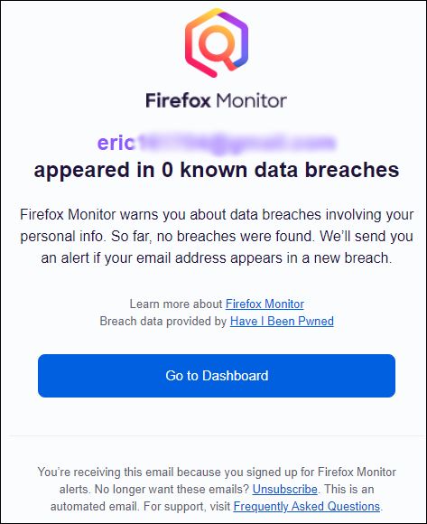 An email confirmatin from Firefox Monitor