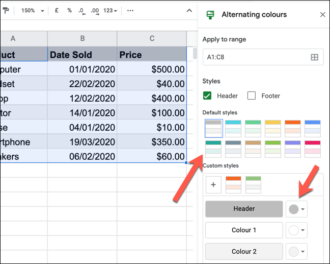 The &quot;Alternating Colors&quot; panel in Google Sheets.