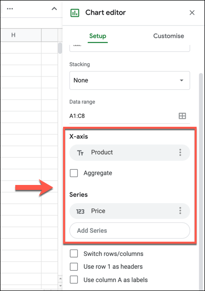 The axes used for a Google Sheets chart will be listed under the &quot;X-axis&quot; and &quot;Series&quot; columns in the &quot;Setup&quot; tab of the &quot;Chart Editor&quot; panel.