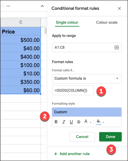 Provide a custom formula and formatting style for the conditional formatting rule using the ISODD formula, then press "Done" to add the rule.