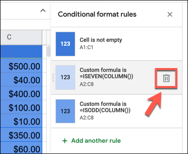 Press the "Remove Rule" button to remove a rule from the Google Sheets "Conditional Format Rule" panel.
