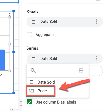 To change the Y-axis on a Google Sheets chart, select the first column listed under the "Series" category in the "Setup" tab of the Chart Editor panel and select a replacement column.