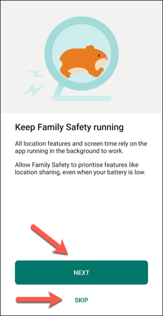 Tap Skip to skip accepting permissions for the new Microsoft Family Safety app, or Next to accept them