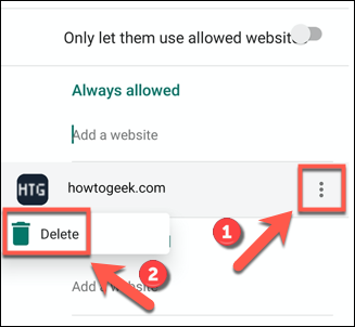  Tap the Three-dot icon, and then tap "Delete" to remove a website from the "Always Allowed" or "Never Allowed" list.