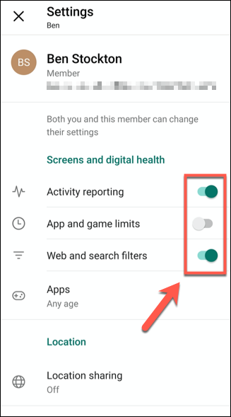 Toggle-On the monitoring options you want to enable in the "Settings" menu for each family member.