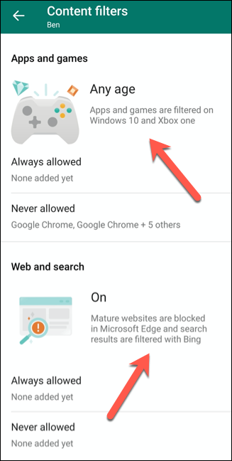 Tap under "App and Games" or "Web and Search" to change any of those settings.