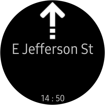 An &quot;Awesome Navigator&quot; direction to go straight to &quot;E Jefferson St&quot; on a Samsung smartwatch screen.