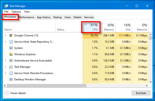 In Task Manager on Windows 10, select the "Processes" tab, then click the "CPU" header.