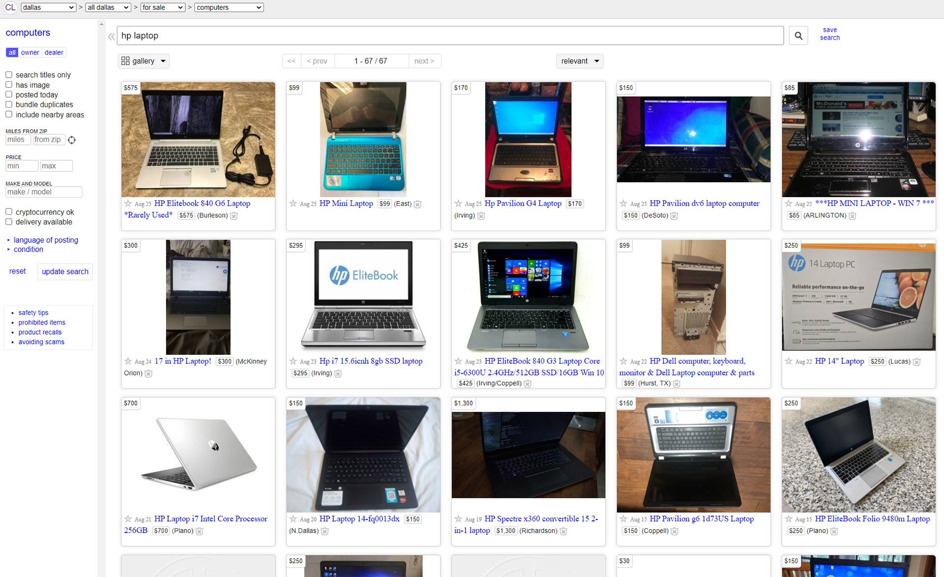 Craigslit page with laptops for sale.