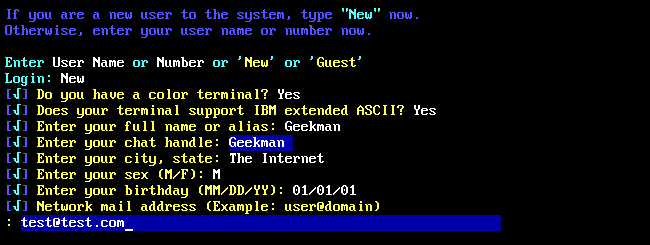 Registering for a Cave BBS account.