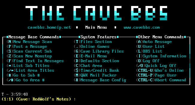 The Cave BBS main menu.