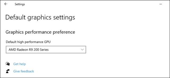 Choosing a default high performance GPU on Windows 10.