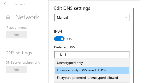 Enabling DNS over HTTPS on Windows 10.
