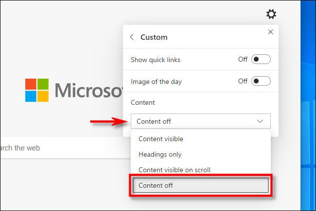 In Edge, select "Content off" in the New Tab customization menu.