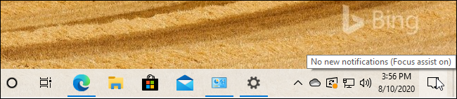 A &quot;Focus Assist on&quot; tool-tip message from Windows 10's taskbar.