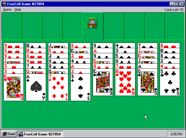 A screenshot of Microsoft Freecell in Windows 95