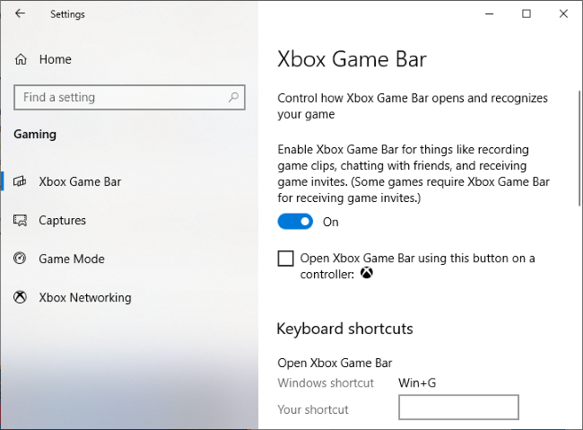 The Settings &gt; Gaming &gt; Xbox Game Bar window.