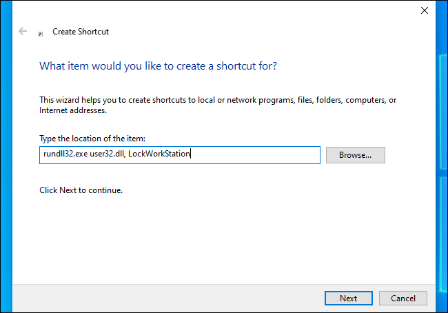 Creating a shortcut that locks the computer on Windows 10.