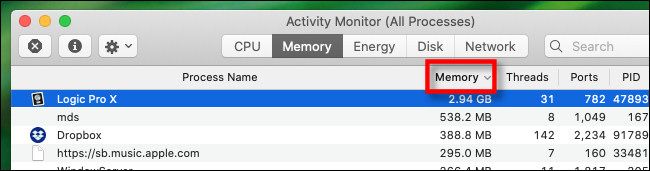 In Activity Monitor on Mac, click the "Memory" column heading.