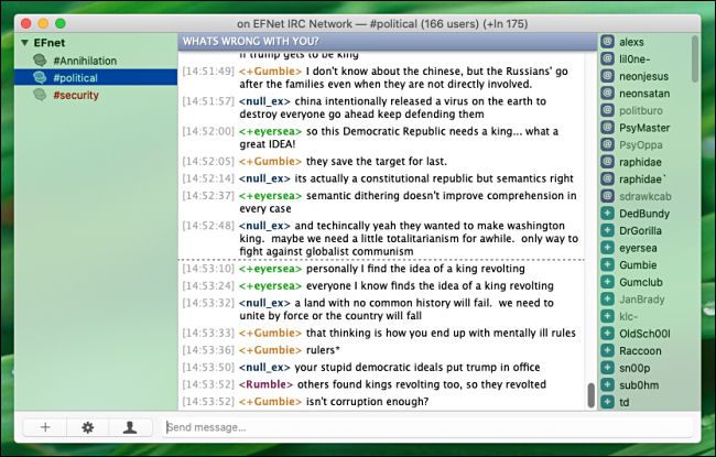 An example of spirited, 2020-style political discussion on the Textual IRC client for Mac.