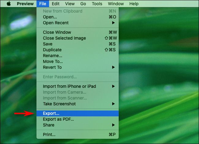 In Preview on Mac, select "Export" from the "File" menu.