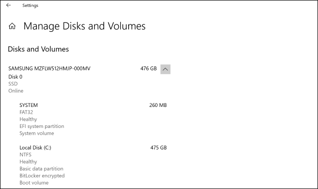 The &quot;Manage Disks and Volumes&quot; screen in Windows 10's Settings app.