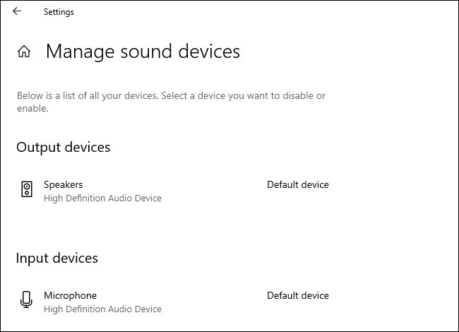 Managing default sound devices in Windows 10's Settings app.