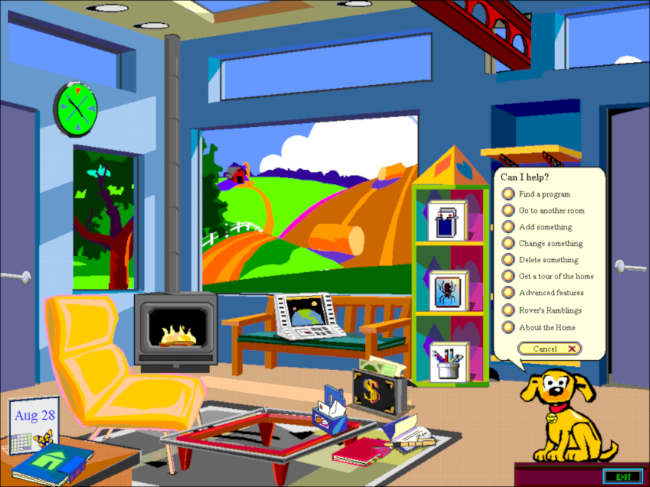 Rover the dog's &quot;Can I Help?&quot; menu on a Microsoft Bob desktop.