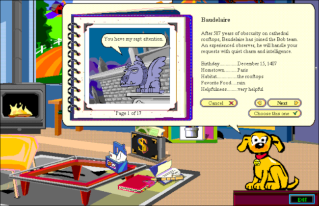 Rover the dog sharing information about Baudelaire on a Microsoft Bob room desktop.