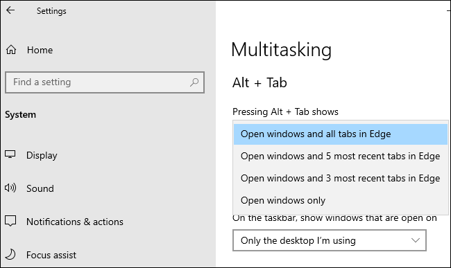 Edge Alt+Tab options under Settings &gt; System &gt; Multitasking.