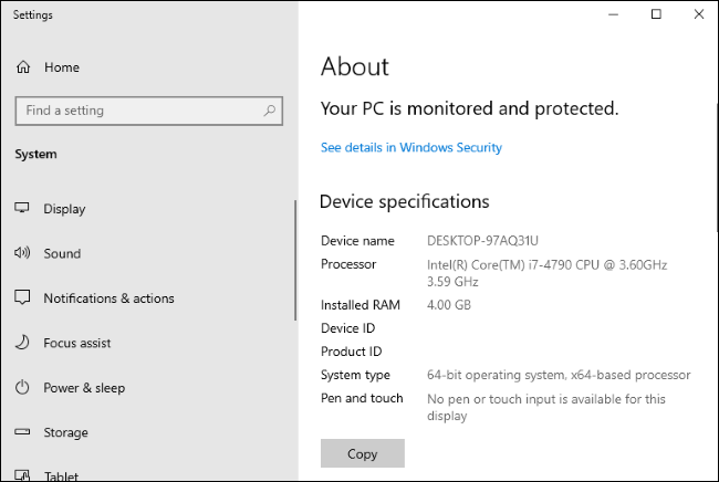 Windows 10's Settings &gt; System &gt; About page.